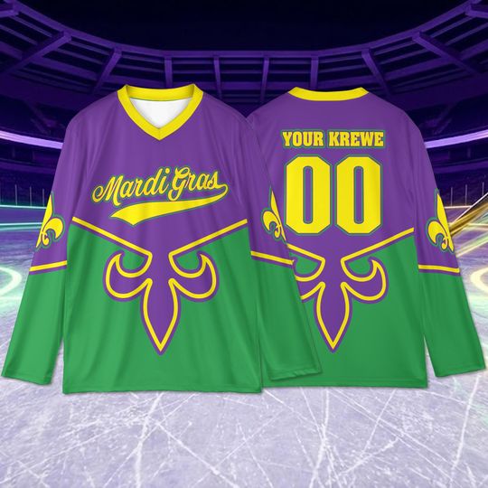 Personalized Mardi Gras Hockey Jersey, Custom Krewe Name Number, Fleur De Lis New Orleans Carnival Outfit, Fat Tuesday NOLA Group Team Shirt