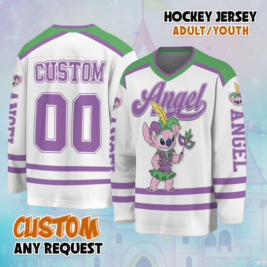 Personalized Angel Mardi Gras Hockey Jersey, Custom Disney Angel Hockey Shirt, Classic Cartoon Team Outfit, Matching Family Disney Hockey