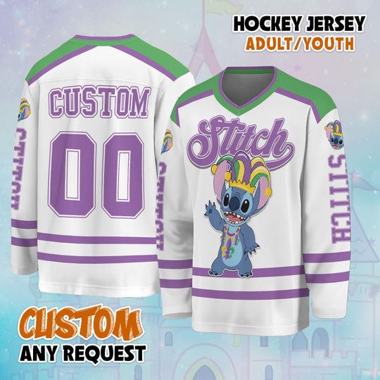 Discover Personalized Stitch Mardi Gras Hockey Jersey, Custom Disney Lilo and Stitch Shirt, Cartoon Team Outfit, Birthday Gift