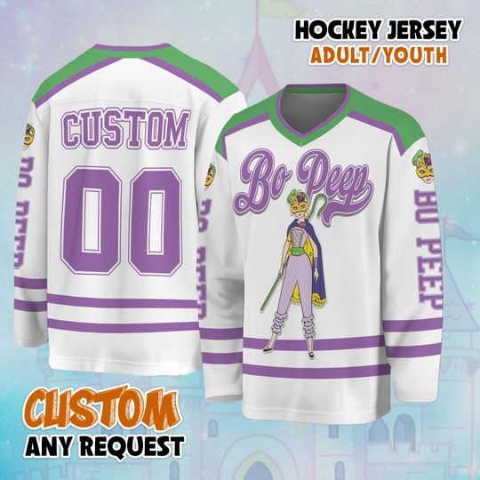Personalized Bo Peep Mardi Gras Hockey Jersey, Custom Disney Toy Story Shirt, Cartoon Team Outfit, Disneyland Vacation Tee, Gift for Fans