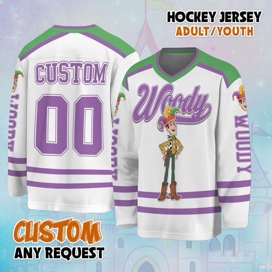 Custom Woody Mardi Gras Hockey Jersey, Personalized Disney Toy Story Hockey Jersey, Hockey Fan Lover Gift, Hockey Team Outfit
