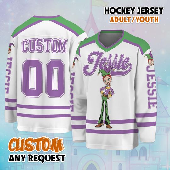Personalized Jessie Mardi Gras Hockey Jersey, Custom Disney Toy Story Hockey Shirt, Classic Cartoon Team Outfit, Matching Family Disney