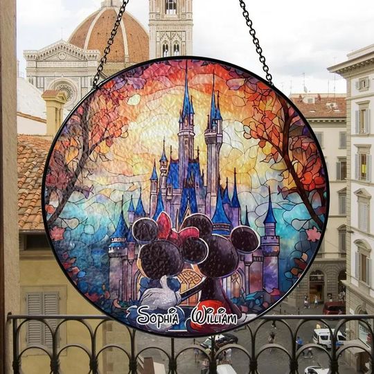 Discover Personalized Disney Castle Mickey Minni Stained Glass Suncatcher, Mickey Minni Suncatcher, Mickey Mouse Wall Hanging, Disney Couple Gift