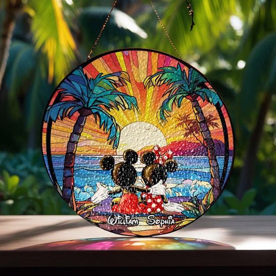Discover Mickey and Minni Stained Glass Suncatcher, Mickey Mouse Suncatcher, Disney Valentine Wall Hanging, Mickey minni suncatcher glass