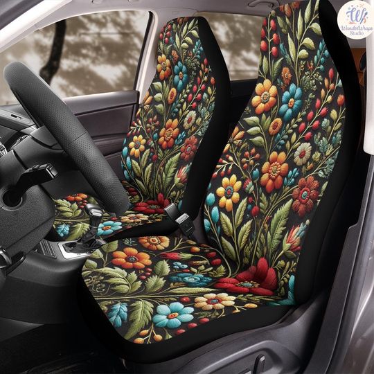 Discover Midnight Bloom Folk Garden Faux Embroidery Car Seat Covers (2Pcs): Floral Polar Fleece Protector Set