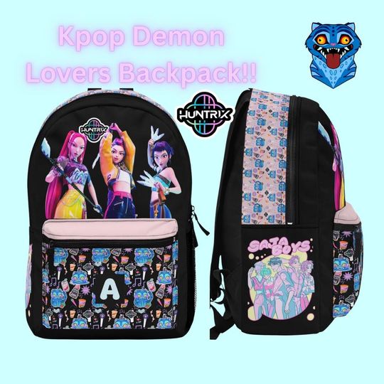 Discover Colorful K-Pop Girl Group Backpack, Personalized Initial, black Character Print, Huntrix love