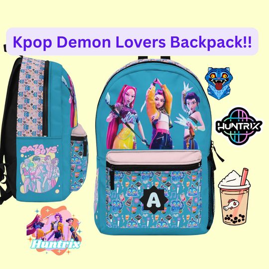 Discover Colorful K-Pop Girl Group Backpack, Personalized Initial, Blue Character Print