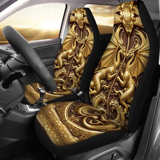 Discover Gold Winged Dragon Car Seat Cover Thick Cushion Front Seats Universal Auto Gift Unisex Asian Japanese Dragons Gift Exotic Chinese Automotive