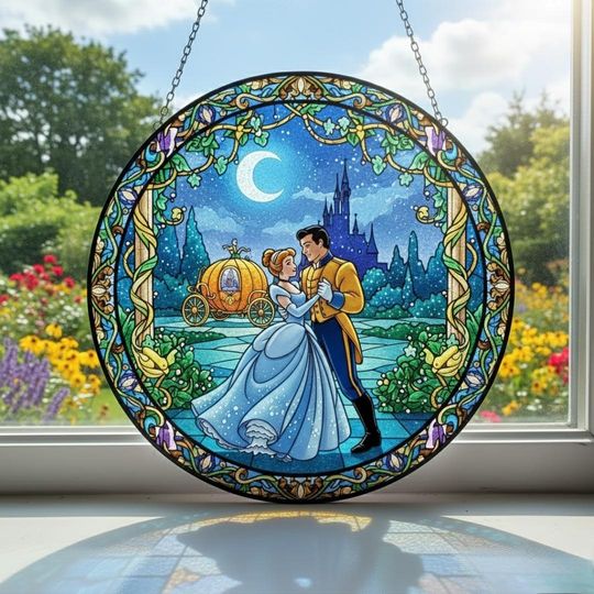 Discover Cinde Stained Glass Suncatcher, Disney Princess Cinde Window Hanging, Cinde and Prince Charming Stained Glass Suncatcher