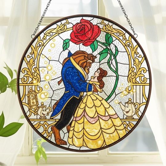 Disney Beauty & The Beast Stained Glass Suncatcher, Disney Princess Belle Couple Suncatcher, Disney Couple Suncatcher, Disney Valentine Gift