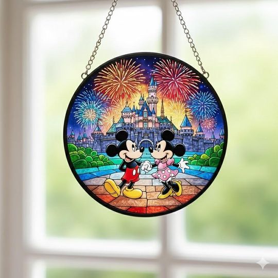 Mickey Minni Magic Kingdom Stained Glass Suncatcher, Mickey Minni Couple Suncatcher, Anniversary Gift, Disneyland Couple Trip Gift