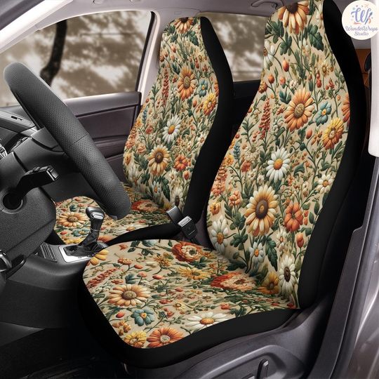 Discover Vintage Folk Floral Faux Embroidery Car Seat Covers (2Pcs): Floral Polar Fleece Protector Set