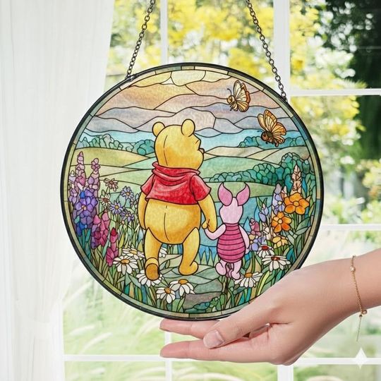 Discover Pooh And Friends Faux Stained Suncatcher, Disney Pooh& Piglet Home Decor, Disney Bear Acrylic Window Hanging, Pooh Window Hanging Art