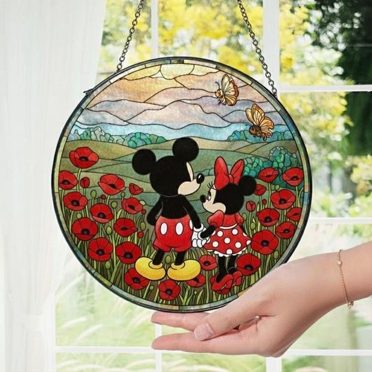 Discover Disney Mickey & Minni Stained Glass Suncatcher, Mickey Minni Couple Suncatcher, Valentine Gift, Disney Couple Decor, Anniversary Gift