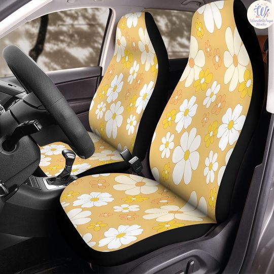 Discover Golden Retro Bloom Car Seat Covers (2Pcs): Floral Polar Fleece Protector Set