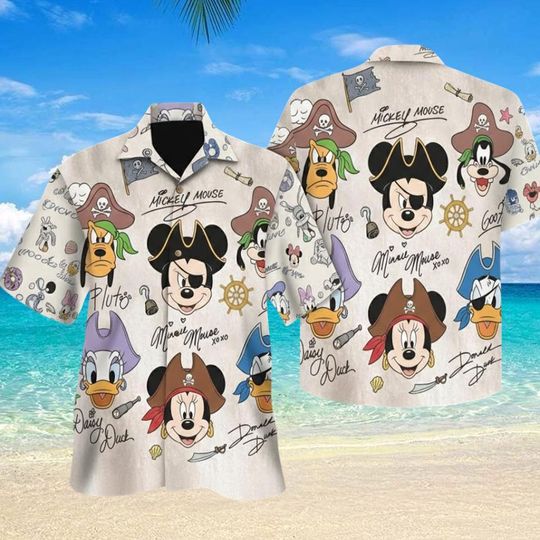 Discover Disney Pirate Mickey & Friends Signature Hawaiian Shirt, Minnie Goofy Donald Daisy Pluto Shirt