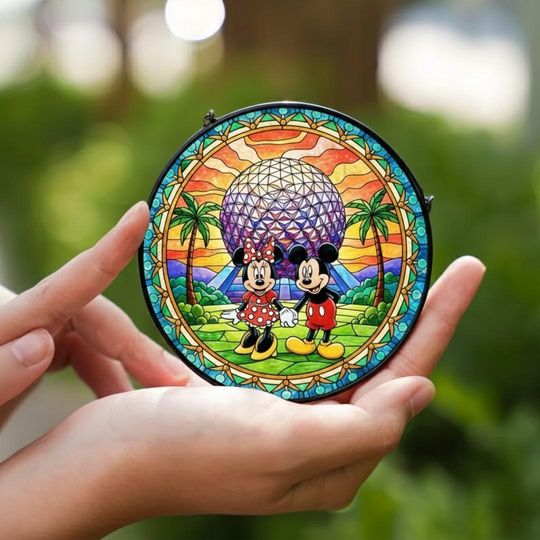 Mickey Minni Epcot Stained Glass Suncatcher, Mickey Minni Couple Suncatcher, Disney Epcot Gift, Anniversary Gift, Disney Trip Gift