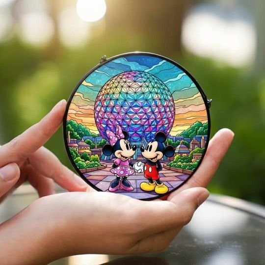 Mickey Minni Epcot Stained Glass Suncatcher, Mickey Couple Suncatcher, Anniversary Gift, Mickey Minni Couple Suncatcher, Disney Epcot Gift