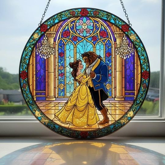 Discover Disney Beauty & The Beast Stained Glass Suncatcher, Disney Princess Belle Couple Sun Catcher, Disney Couple Stained Glass Suncatcher