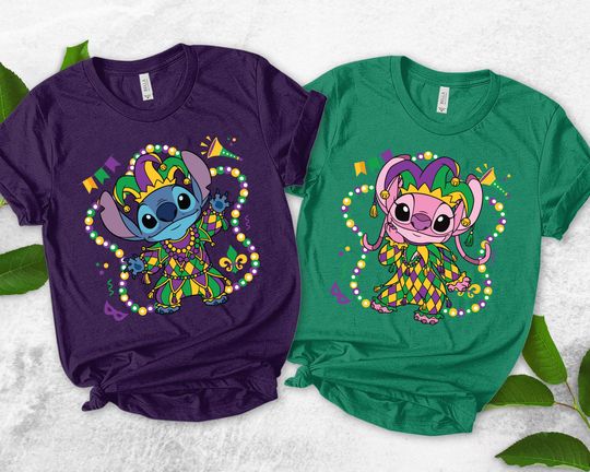 Disney Stitch And Angel Mardi Gras Shirt, Lilo & Stich Shirt, Disneyland Mardi Gras Carnival Shirt, Mardi Gras Party T-Shirt