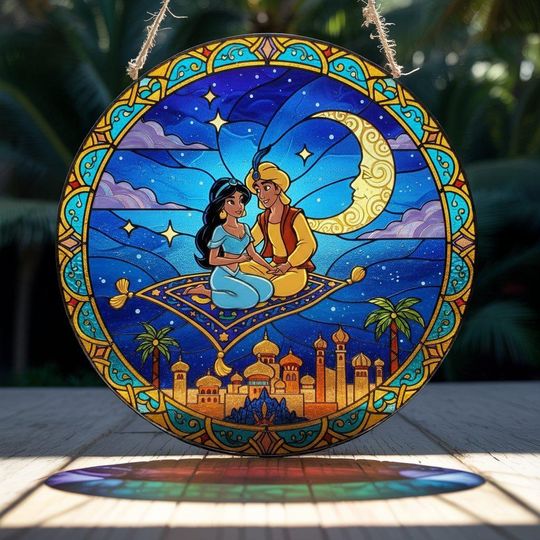 Discover Disney Aladdin Stained Glass Suncatcher, Jasmine & Aladdin Couple Sun Catcher, Disney Couple Stained Glass Suncatcher, Disney Home Decor