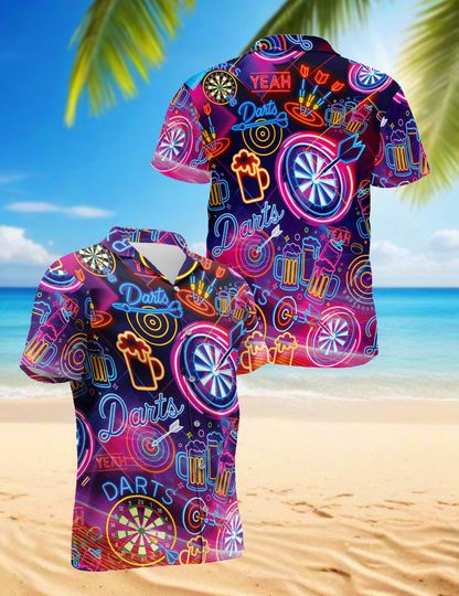 Discover Darts Beer Neon Hawaiian Shirt, Neon Darts Aloha Shirt, Beer Lover Button Down, Summer Party Casual Outfit Gift, S-5XL