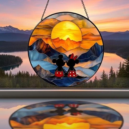 Discover Mickey Mouse Stained Glass Suncatcher, Couple Disney Suncatcher, Anniversary Gift, Mickey Minni Couple Suncatcher