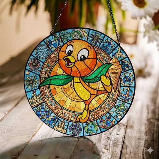 Discover Disney Orange Bird Stained Glass Suncatcher, Disneyland Epcot Bird Flower Garden Festival Window Hanging, Magical WDW Epcot Gift for Fan