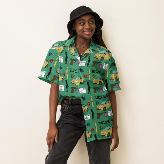 Discover Lupin the 3rd Inspired Retro Heist-Inspired Pattern Hawaiian Shirt, Vintage Spy Car & Jewel Print AOP Button-Up, Comic Crime Motif Shirt
