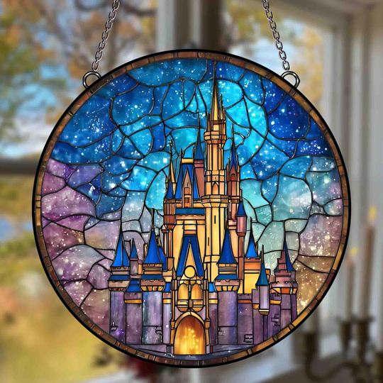 Discover Disneyland Castle Stained Glass Suncatcher, Magic Kingdom Window Decor, Disney Suncatcher Magical Kingdom, Fairytale Home Decor Gift