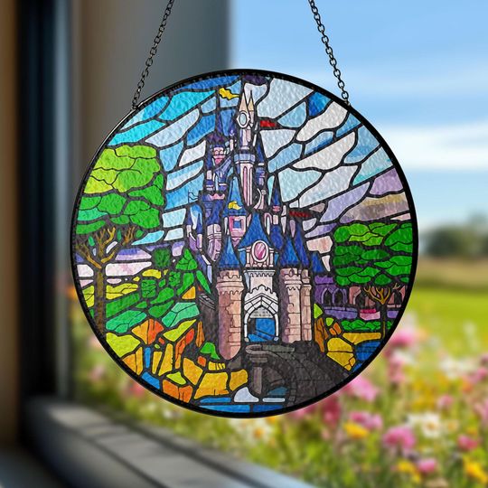 Discover Disneyland Paris Stained Glass Suncatcher, Disney Castle Window Hanging, Window Gifts Suncatcher, Disney Fan Window Decor Magical Kingdom