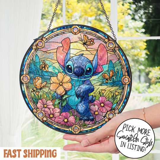 Discover Wildflower Stitch Disney Stained Glass Suncatcher | Disney Window Decor | Cute Lilo and Stitch Ornament | Christmas Gift for Fans
