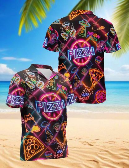 Discover Neon Pizza Hawaiian Shirt Funny Food Print, Pizza Lover Aloha Button Down Shirt, Nightlife Food Hawaiian Shirt, Unisex Hawaiian Shirt