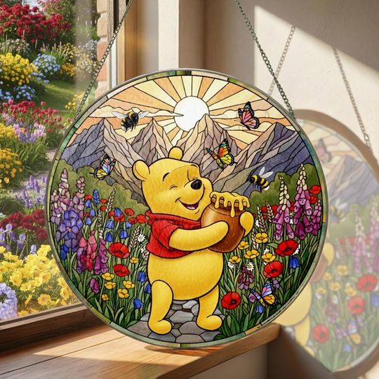 Discover Winnie the Pooh Stained Glass Suncatcher, Honey Pot Tiffany Style, Floral Disney Bear