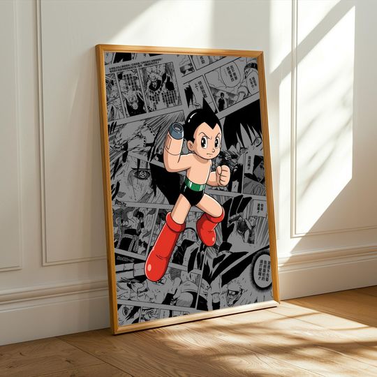 Discover Astro Boy Art Print - Minimalist Black and White Comic Background with Red Boots - Vertical Poster for Living Room Decor