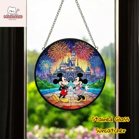 Discover Disney Mickey Minni Stained Glass Suncatcher, Castle Fireworks Window Hanging, Romantic Disney Home Decor
