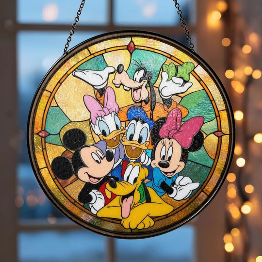 Discover Disney Friends Stained Glass Suncatcher  Mickey, Minni, Donald, Daisy, Goofy & Pluto Window Hanging Decor, Disney Fan Gift Idea