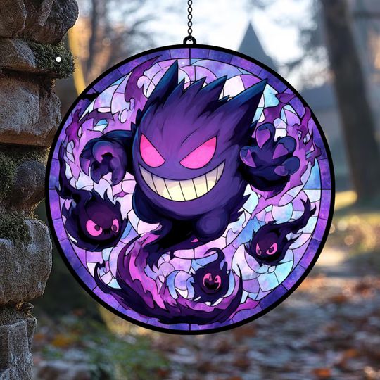 PKM Gengar Monster Glass Suncatcher, Purple Floral Stained Glass Window Decor, PKM Inspired