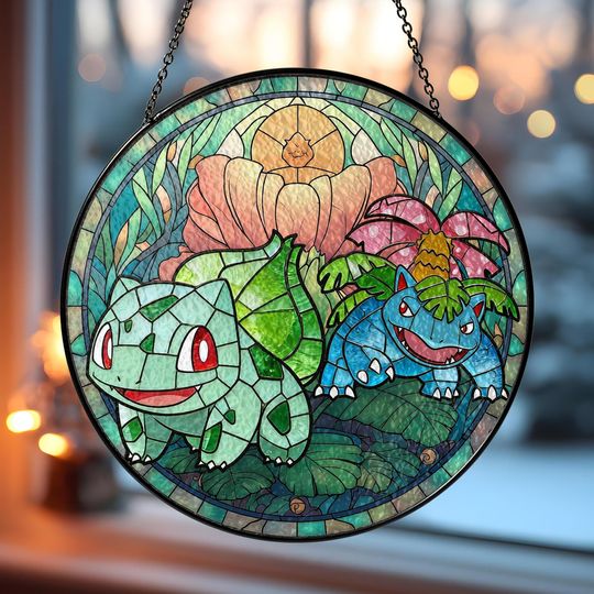 Bulbasaur & Venusaur Stained Glass Suncatcher, PKM Window Art, Haunted Garden Home Decor Gift, PKM Fan Decor, Window Suncatcher