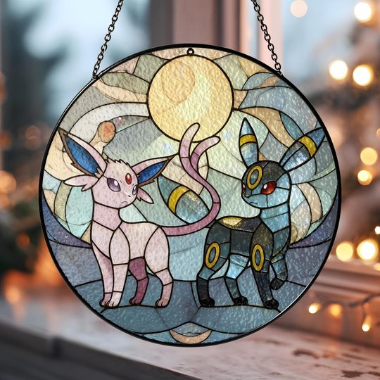 Moon & Star CelestialGlass Suncatcher, Handcrafted PKM Window Art, Anime Decor for Home, Unique Gift for PKM Fans Collectors