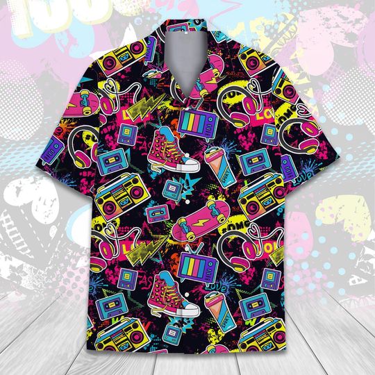 Discover Retro 80s Pop Art Hawaiian Shirt for Men Women Youth, Neon Cassette Skateboard Headphone Shirt, Vintage 90s Party Button-Up Summer Shirt