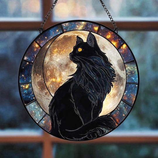 Discover Black Cat Stained Glass Suncatcher, Moon Window Hanging, Mystical Night Sky Decor, Cosmic Cat Window Art, Full Moon Stained Glass Ornament