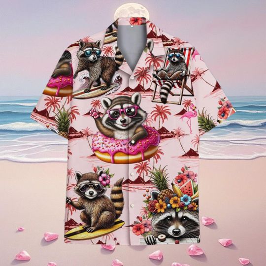 Discover Funny Raccoon Hawaiian Shirt, Mens Pink Tropical Surfing Raccoon Aloha Shirt, Short Sleeve Button Up, Summer Beach Vacation Gift for Him