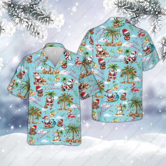 Mele Kalikimaka Hawaiian Shirt, Santa Surfing, Tropical Christmas Aloha