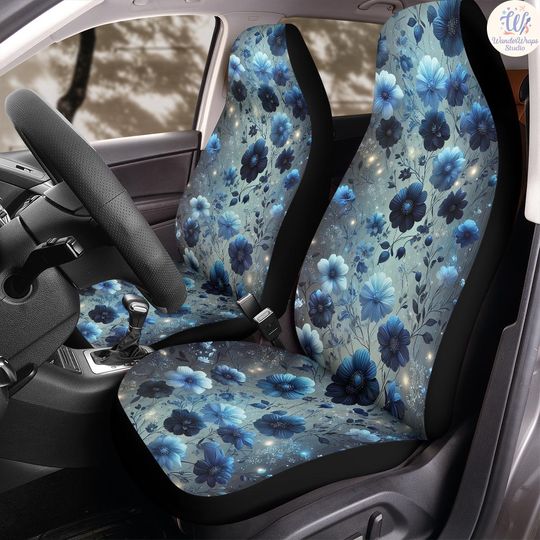 Discover Dark Blue Flowers Car Seat Covers (2Pcs): Floral Polar Fleece Protector Set