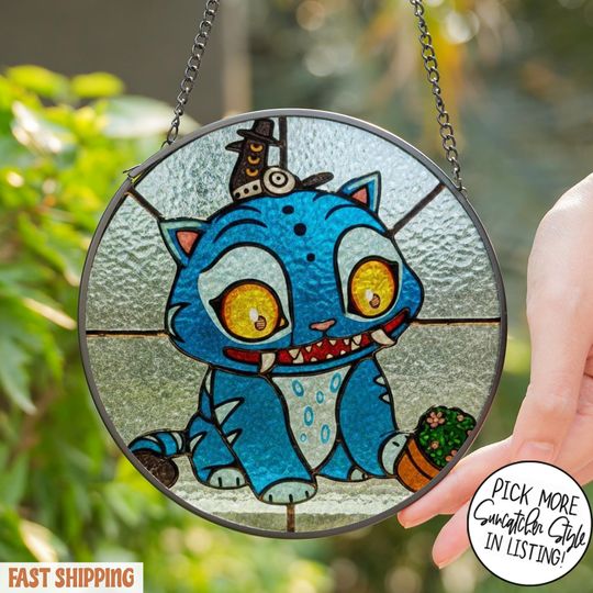 Derpy Tiger Stained Glass Suncatcher, Kpop Demon Hunters Suncatcher,Kpop Demon Hunters Window Hanging Decor,Hologram Suncatcher