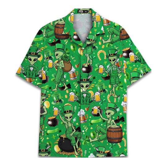 Discover St. Patrick's Day Alien Colorful Hawaiian Shirt For Men Holiday Gift Alien Short Sleeve Button Down Shirt Mens