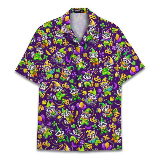Discover Mardi Gras Funny Raccoon Colorful Hawaiian Shirt For Men Holiday Gift Cute Raccoon Short Sleeve Button Down Shirt Men
