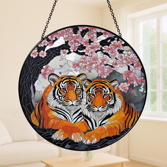 Discover Tiger Couple Stained Glass Suncatcher, Jungle Animal with Cherry Blossoms, Unique Wildlife Glass Art Home Decor, Gift for Nature Lovers