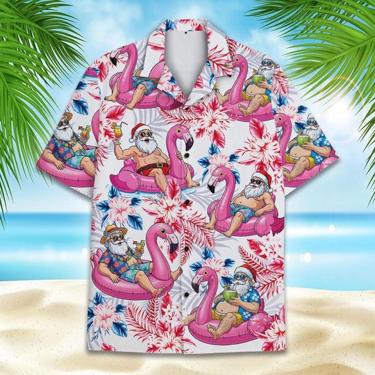 Discover Santa Flamingo Hawaiian Shirt, Christmas in July Tropical Print